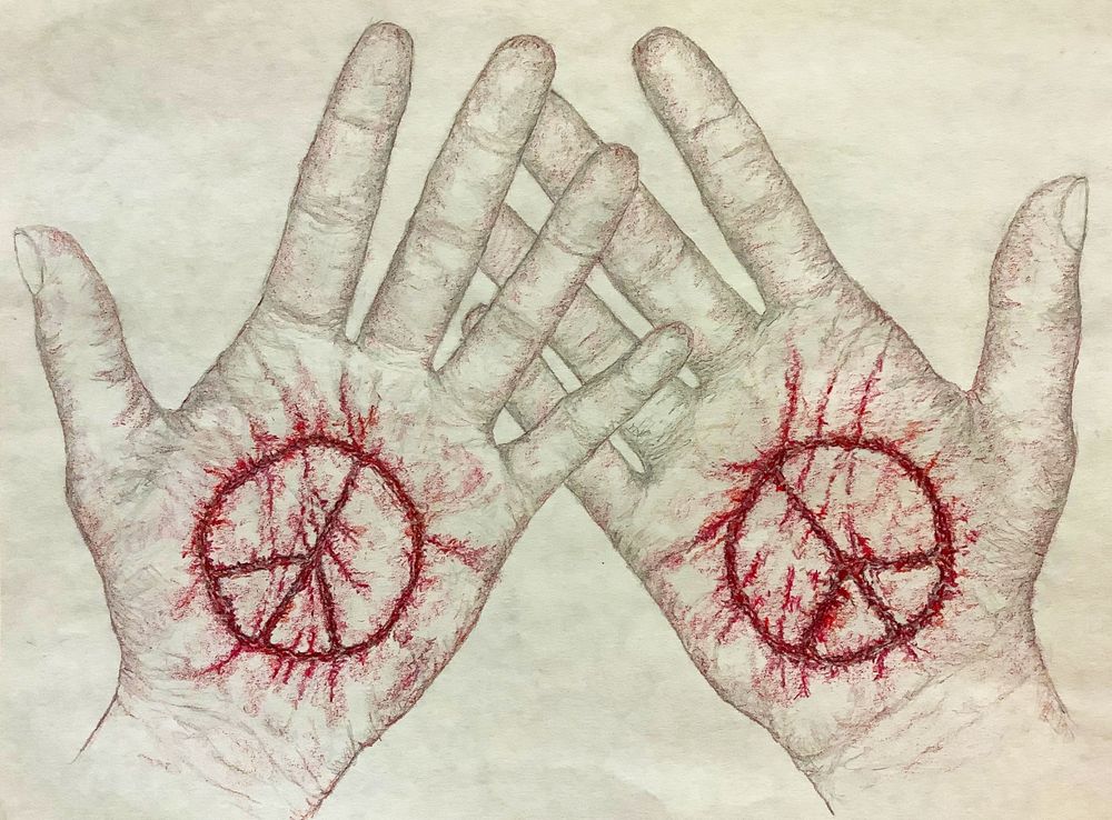 Bleeding peace signs in palm of hands. 