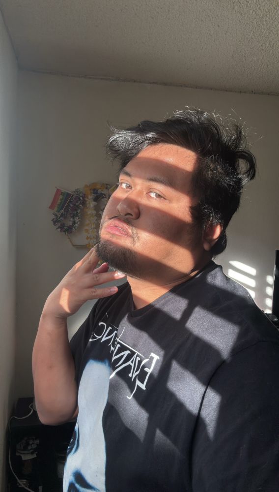 Asian man. 33. Serving looks as he’s wearing an Evanescence t shirt with the sunset reflecting on his face and the blinds making horizontal shadows across his face 