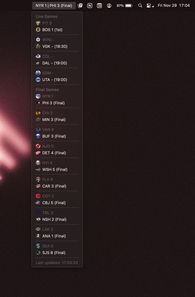 NHL score extension for Raycast