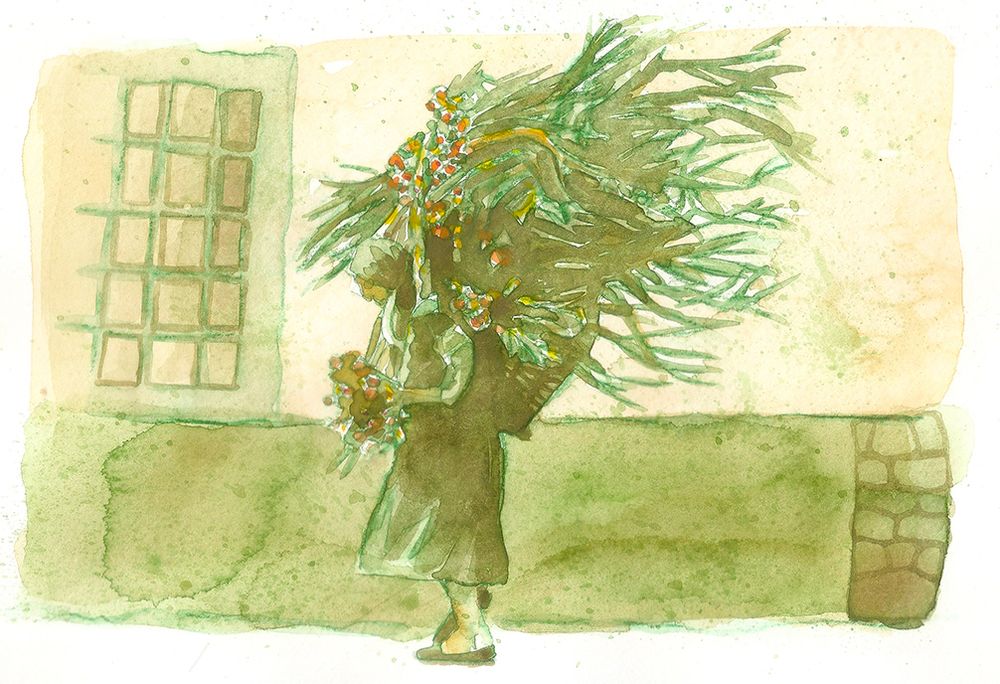 Aquarela de Sergio Serrano mostrando uma mulher idosa carregando nas costas um grande feixe de lenha. Entre os galhos da lenha aparecem flores.