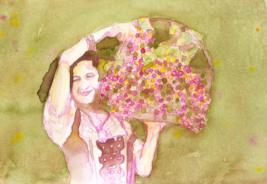 Aquarela de Sergio Serrano mostrando uma camponesa vestindo roupas tradicionais (possivelmente italiana) carregando uma cesta cheia de cachos de uva recém colhidos. Pintura em tons de verde-oliva, magenta e alaranjado.