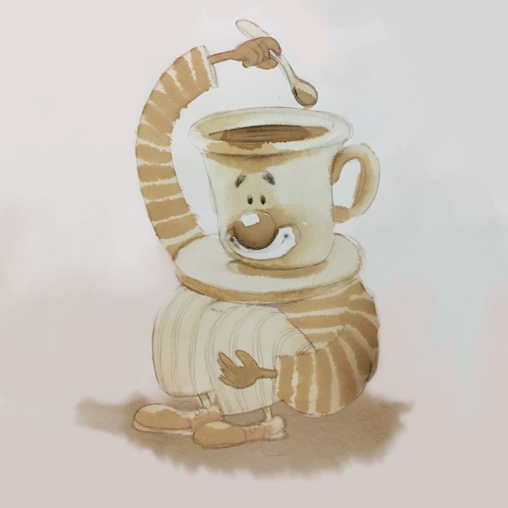 Desenho de Sergio Serrano, pintado com café, mostrando um palhaço que tem uma xícara de café no lugar da cabeça. Ele tem o braço erguido segurando uma colher para mexer o açúcar.