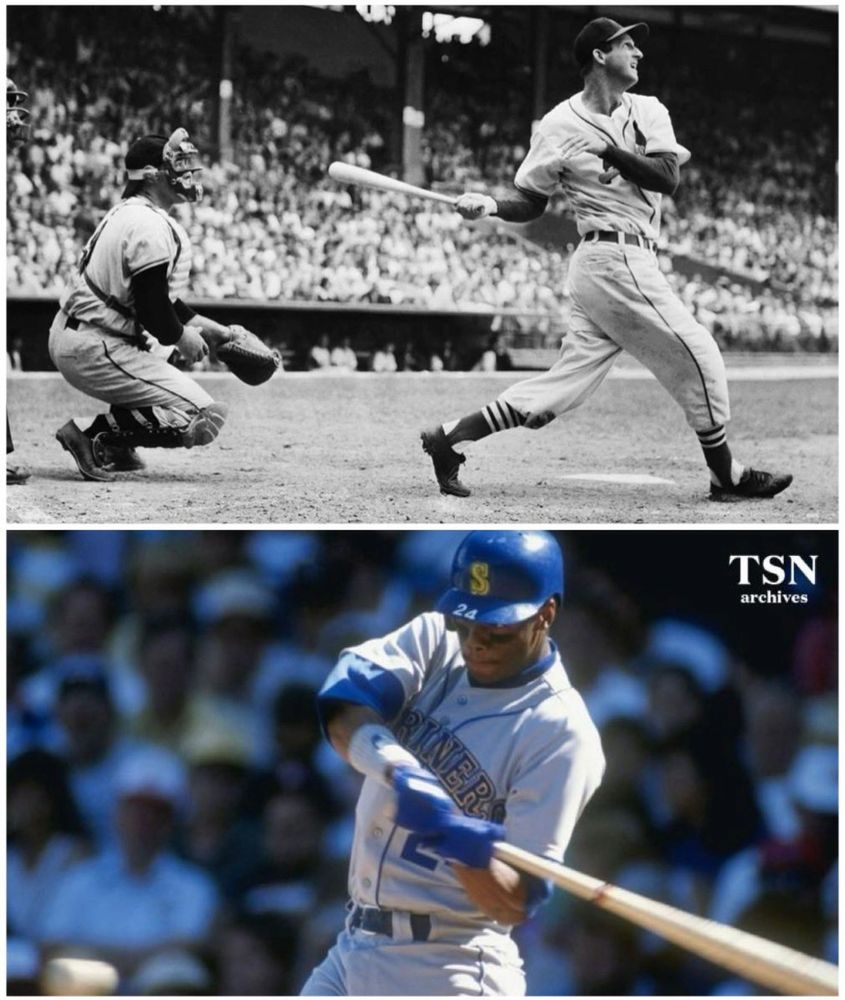 Split photo of Stan Musial (top) and Ken Griffey Jr. (bottom) at the plate.