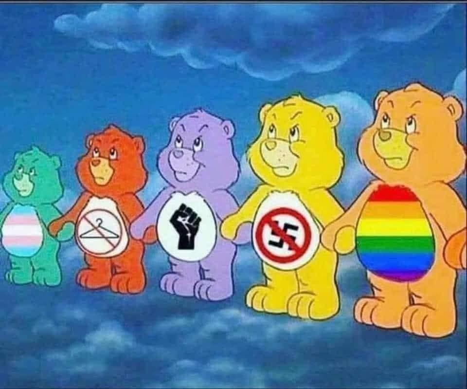 Care bears holding hands and looking determined. The symbols on their bellies show the color of the trans flag, a coat hanger with red line through it a black power fist, red line through a swastika, and a rainbow