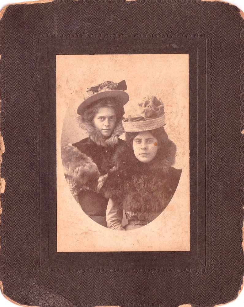 Photo portrait of two young women in hats and furs, Pittsfield, New Hampshire, circa 1900