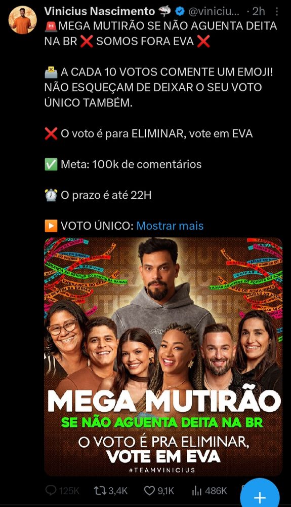 Print do perfil no x do participante Vinícius Nascimento do programa Big Brother Brasil 
No print um mega mutirão de votação para eliminar a participante Eva onde a cada 10 respostas a pessoa responde com um emoji
125 k (mil) respostas 3,4 k (mil) reposts 9,1 k (mil) curtidas e 486 k (mil) visualizações 
