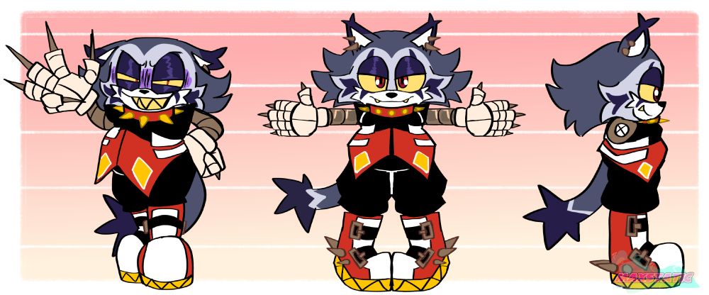 A reference sheet of a chubby gray cat with yellow eyes. They're wearing a yellow and red vest with big punk boots