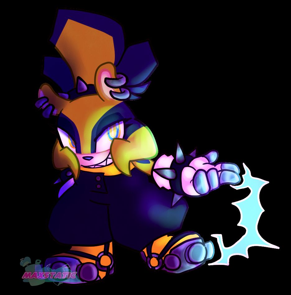 A drawing of Surge the tenrec looking at the camera with a smirk. One hand on her hip and the other raised slightly with her pointer and middle out with lighting stretching out to her shoe 