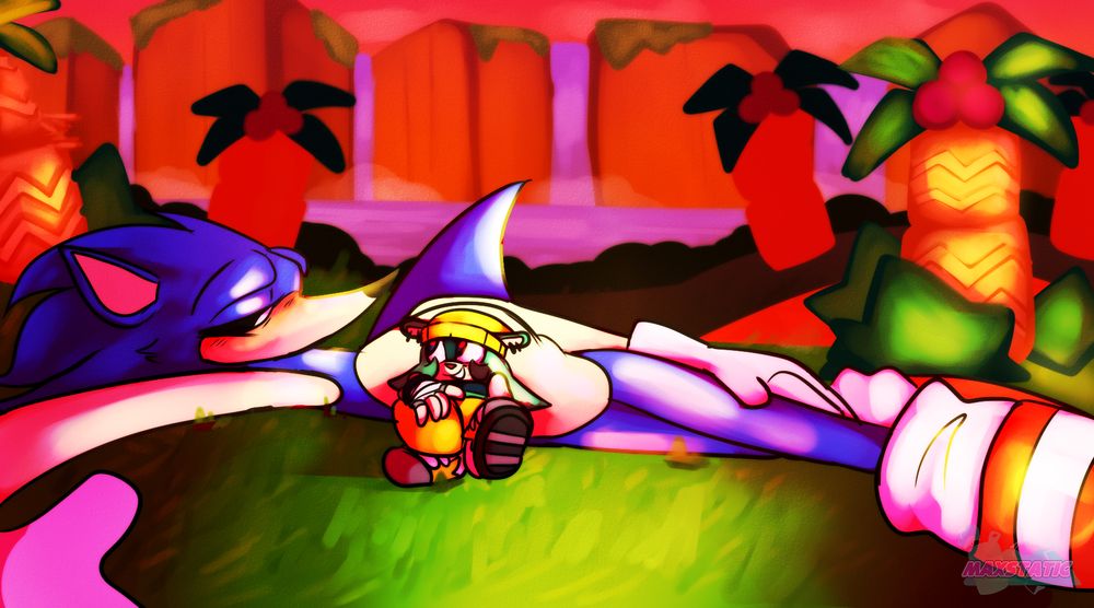A drawing of Sonic.OMW laying on the grass next to Baja Blast in sunset covered palmtree panic