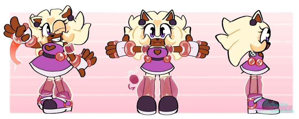 a reference sheet of a light yellow hedgehog with purple eyes and a purple outfit. She's wearing Rose Gold accessories.
