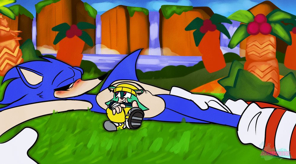 A drawing of Sonic.OMW laying on the grass next to Baja Blast in Palm Tree Panic (Day edition)