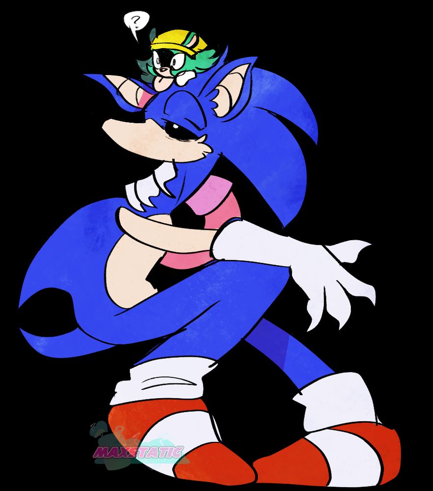 A drawing of Baja Blast sitting on OMW's head as they curiously look off screen. OMW, meanwhile, is in a sitting position and rubbing his neck.