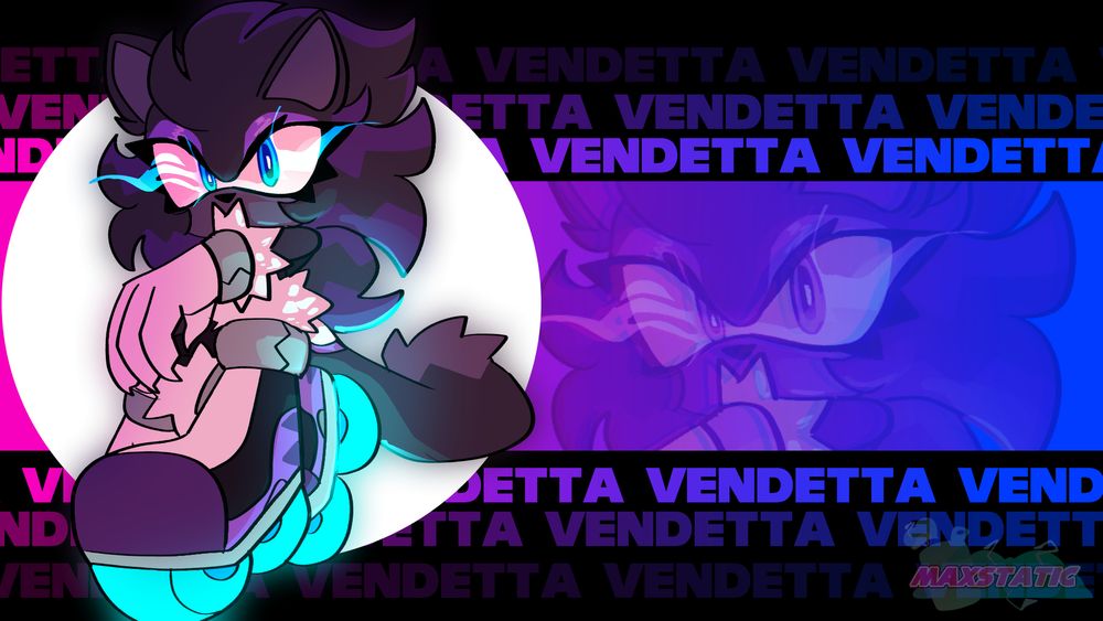 A drawing of Vendetta (A purple and black mobian with spiky hair) kneeling down and staring at the camera. Her eyes glow with an icy chill as her skates glow. Behind her there's a BG with a Pink and Blue gradient with her face on it. There's also text of her name repeating.