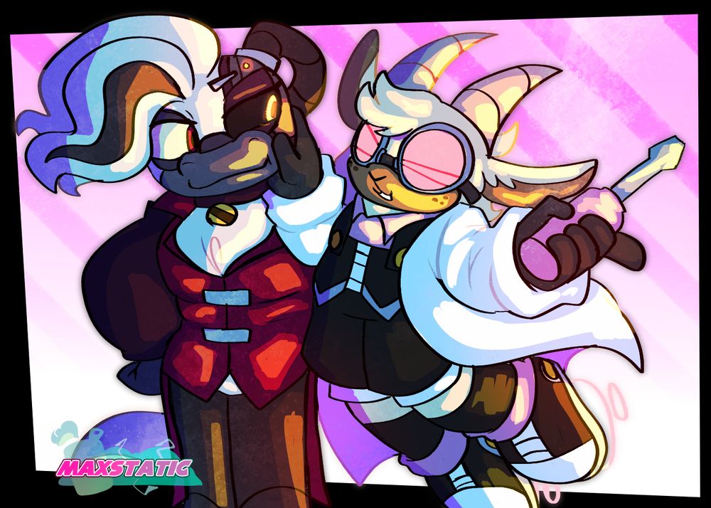 A fully shaded drawing of Dr Starline as a cyborg with a Tube in his head, looking over to thee side. Hand on his hip. He stared at Byte, a mobain goat currently wearing a lab coat while hovering in hover boots!