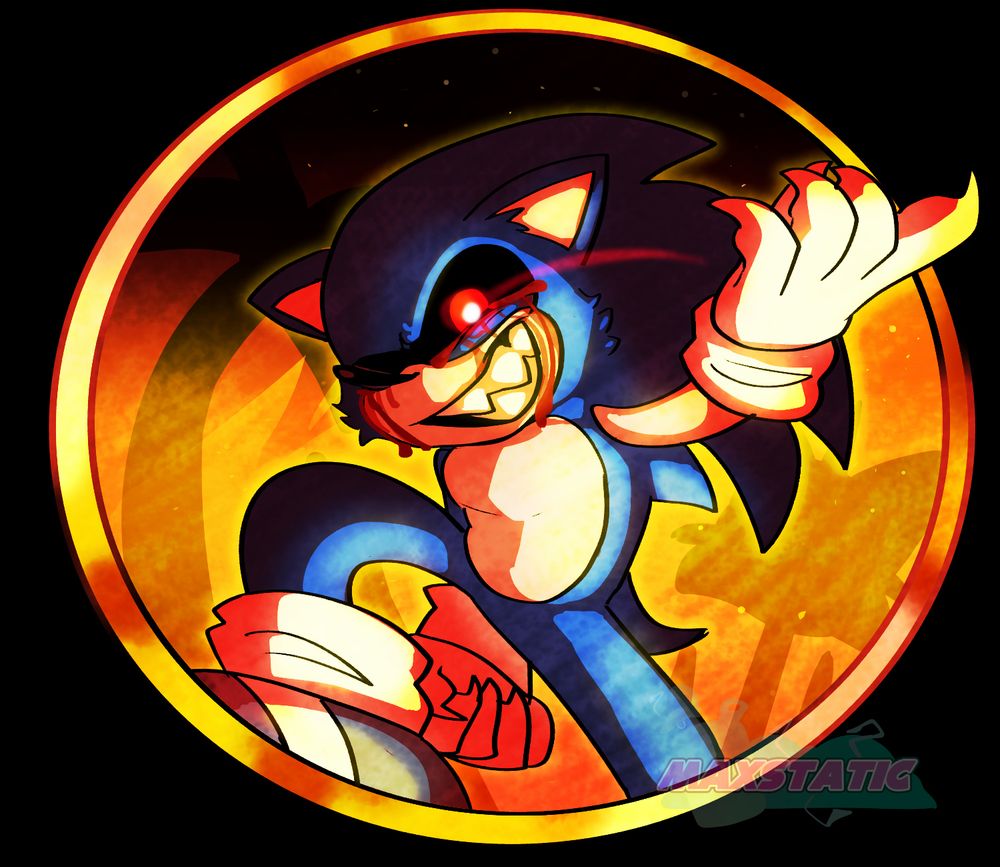 A 2d drawing of Sonic EXE holding a hand out of a ring. There's fanged smile on his face as he points towards the camera.