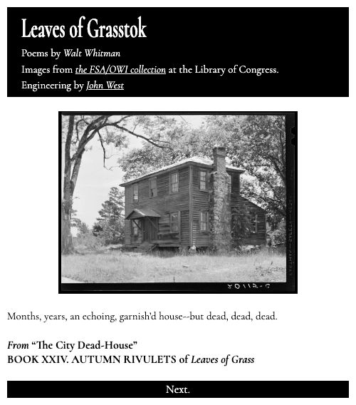 A screenshot of an app, Leaves of Grasstok, which shows a Depression-era FSA photograph of a derelict house and includes the line from Walt Whitman's LEAVES OF GRASS, "Months, years, an echoing, garnish’d house--but dead, dead, dead."