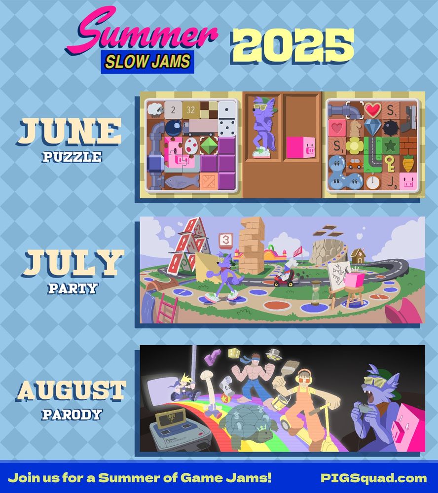 All Summer Slow Jams 2025 banners: The June Puzzle Jam, July Party Jam, and August Parody Jam. The "puzzle" banner shows JamWolf and CubePig competing in a Tetris-style game with a smattering of different game references. The "party" banner shows PIGSquad characters moving across a Mario-Party-style game board. The "parody" banner shows JamWolf and CubePig witnessing a cast of bootleg videogame characters coming out of a TV in front of them.