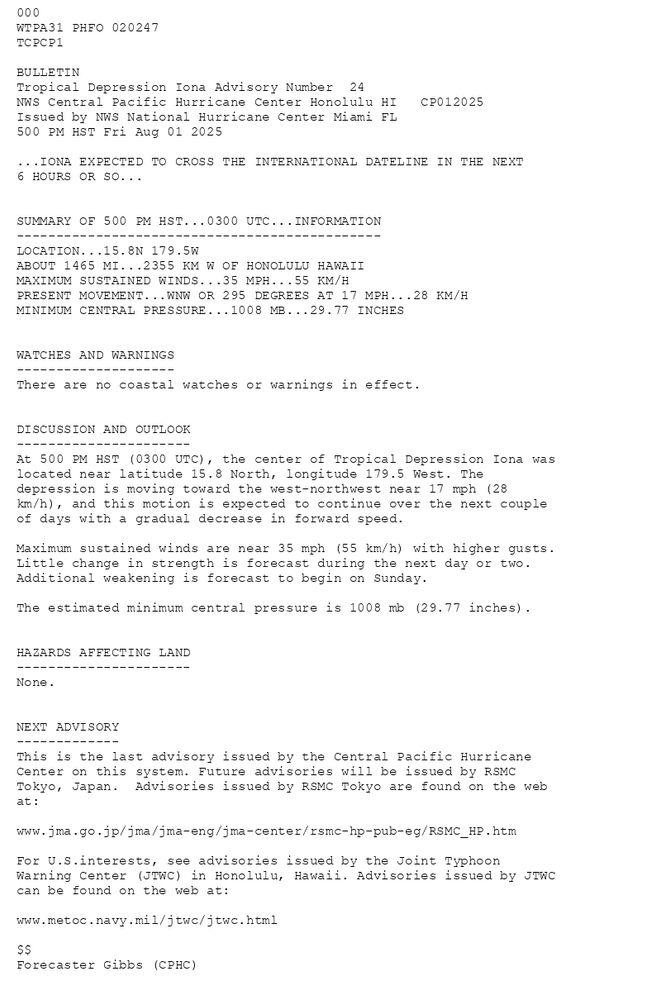 
        000WTPA31 PHFO 020247TCPCP1 BULLETINTropical Depression Iona Advisory Number  24NWS Central Pacific Hurricane Center Honolulu HI   CP012025Issued by NWS National Hurricane Center Miami FL500 PM HST Fri Aug 01 2025 ...IONA EXPECTED TO CROSS THE INTERNATIONAL DATELINE IN THE NEXT6 HOURS OR SO...  SUMMARY OF 500 PM HST...0300 UTC...INFORMATION----------------------------------------------LOCATION...15.8N 179.5WABOUT 1465 MI...2355 KM W OF HONOLULU HAWAIIMAXIMUM SUSTAINED WINDS...35 MPH...55 KM/HPRESENT MOVEMENT...WNW OR 295 DEGREES AT 17 MPH...28 KM/HMINIMUM CENTRAL PRESSURE...1008 MB...29.77 INCHES  WATCHES AND WARNINGS--------------------There are no coastal watches or warnings in effect.  DISCUSSION AND OUTLOOK----------------------At 500 PM HST (0300 UTC), the center of Tropical Depression Iona waslocated near latitude 15.8 North, longitude 179.5 West. Thedepression is moving toward the west-northwest near 17 mph (28 km/h), and this motion is expected to continue over the next couple of days with a gradual decrease in forward speed. Maximum sustained winds are near 35 mph (55 km/h) with higher gusts.Little change in strength is forecast during the next day or two. Additional weakening is forecast to begin on Sunday.   The estimated minimum central pressure is 1008 mb (29.77 inches).  HAZARDS AFFECTING LAND----------------------None.  NEXT ADVISORY-------------This is the last advisory issued by the Central Pacific Hurricane Center on this system. Future advisories will be issued by RSMC Tokyo, Japan.  Advisories issued by RSMC Tokyo are found on the web at:www.jma.go.jp/jma/jma-eng/jma-center/rsmc-hp-pub-eg/RSMC_HP.htm For U.S.interests, see advisories issued by the Joint Typhoon Warning Center (JTWC) in Honolulu, Hawaii. Advisories issued by JTWC can be found on the web at: www.metoc.navy.mil/jtwc/jtwc.html $$Forecaster Gibbs (CPHC)
      