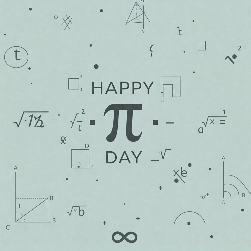 "Happy Pi Day" message in an image with random mathematical symbols around the message. 