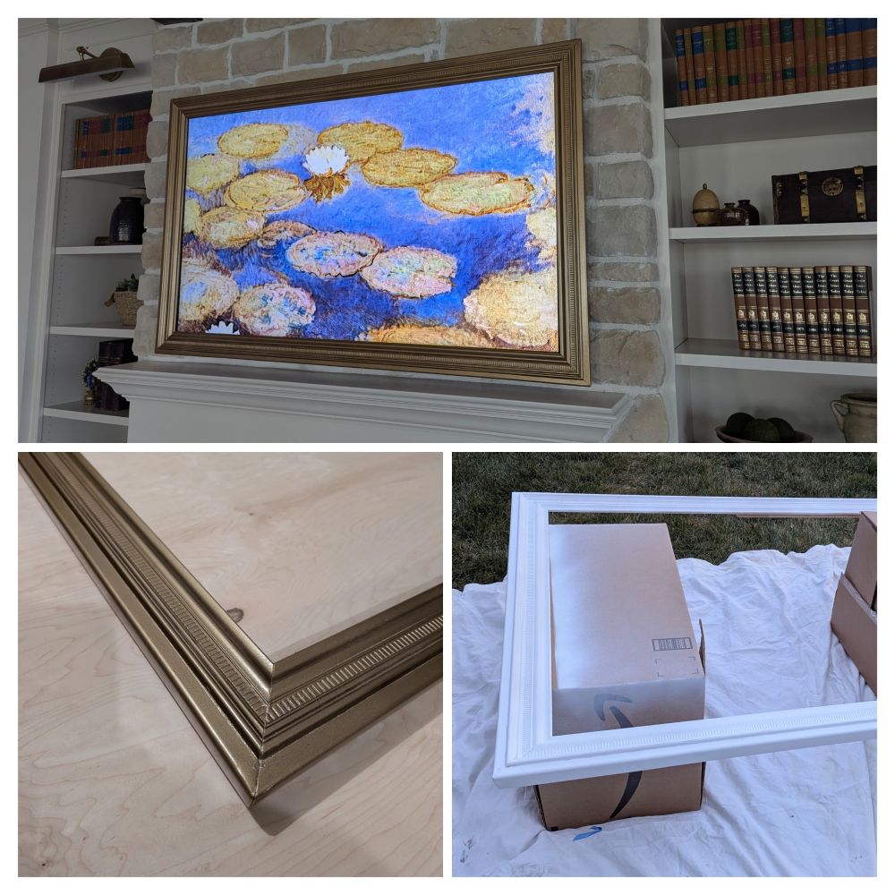 Collage showing 3 phases of build and finishing process of a diy wood frame for a Samsung Frame TV 