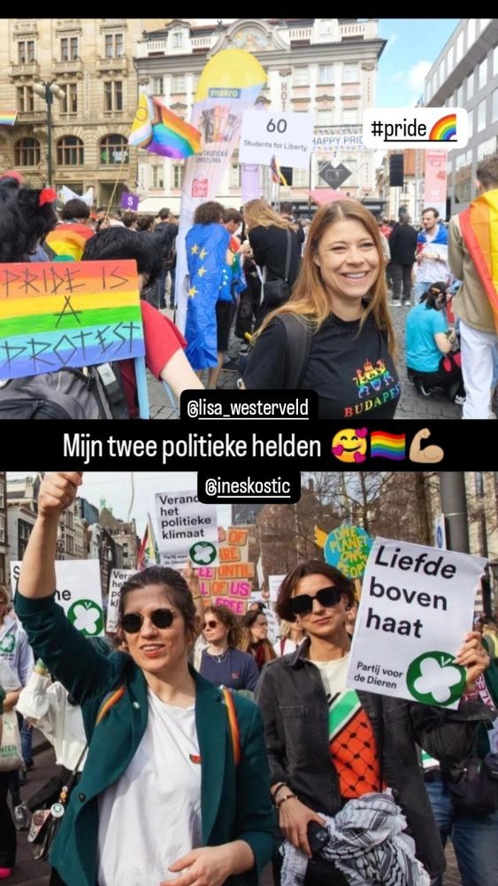 Twee foto's van groep mensen die protesteren. Teksten "mijn twee politieke helden", "Pride" en "Liefde boven haat". 