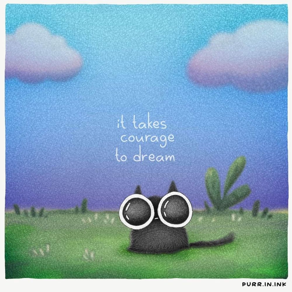 Black cat made of black pen strokes with big eyes against a bright blue sky and green grass.