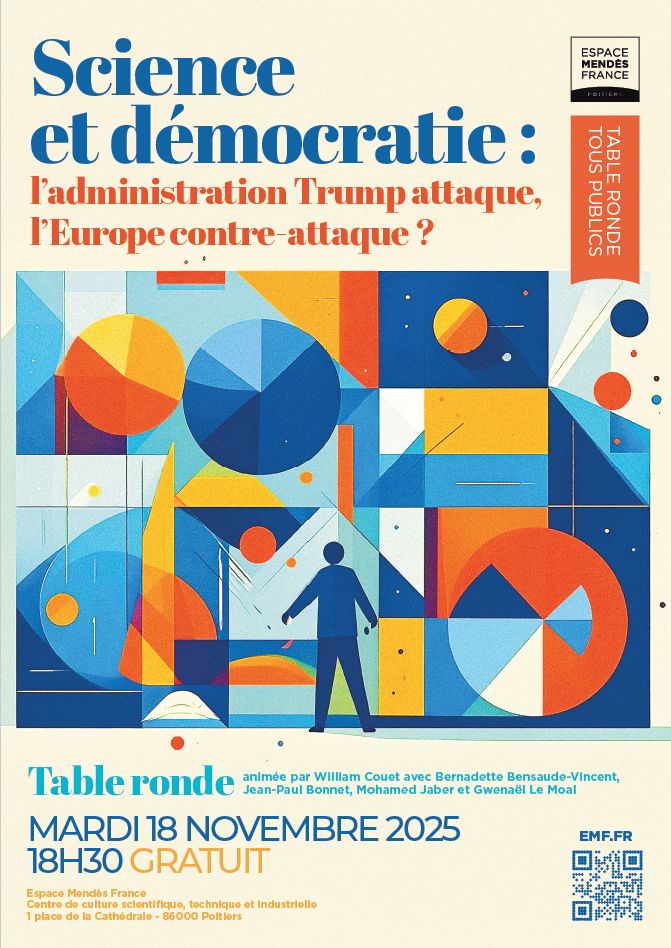 Affiche de la table-ronde qui représente un personne devant des formes de couleur orange, jaune et bleu. 