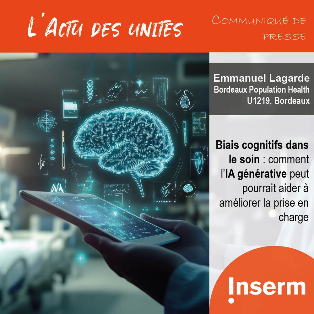 Visuel de l'actu des unités avec une image générée par IA qui représente une tablette avec des données de santé + le nom d'Emmanuel Lagarde, son unité et le titre du communiqué de presse. 