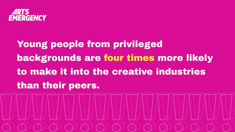Pink rectangle with white Arts Emergency logo and bold white text reading 'Young people from privileged backgrounds are four times more likely to make it into the creative industries than their peers.'