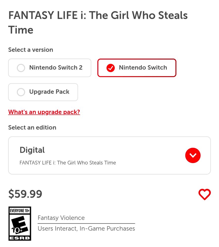 Nintendo store listing for fantasy life I switch 1 edition for $59.99