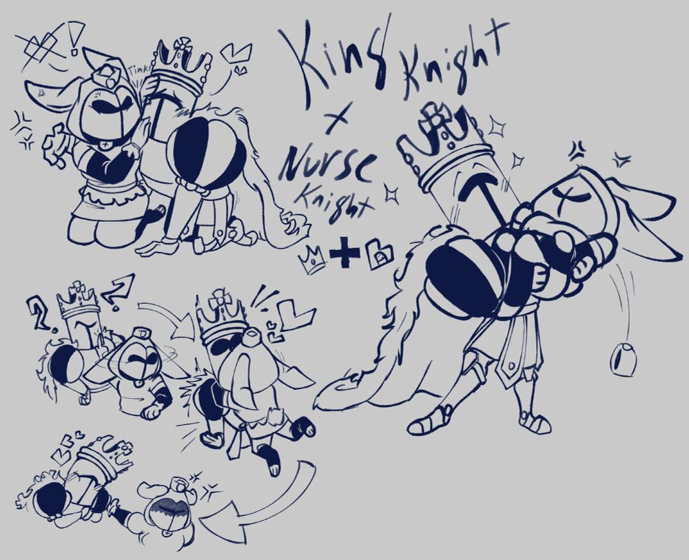 An assortment of Doodles of King Knight being Dopey, lovey dovey, swooning, and annoying Nurse Knight. @enderskeleplomic's SK OC