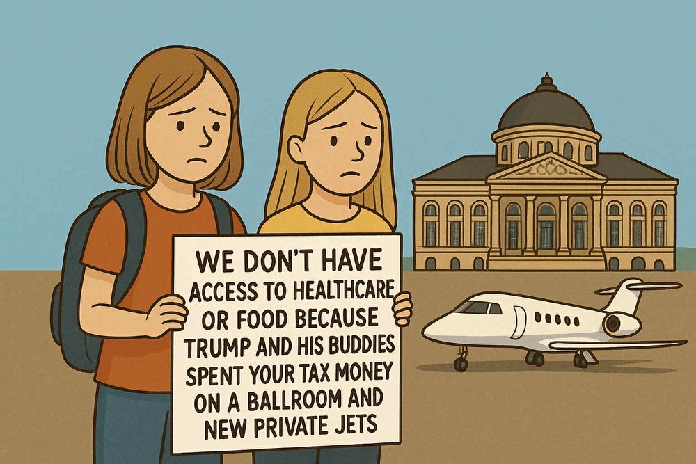 A cartoon style image of two female elementary school students. They are outside, ready for school and holding a sign that says “We don’t have access to healthcare or food because Trump and his buddies spent your tax money on a ballroom and new private jets.”