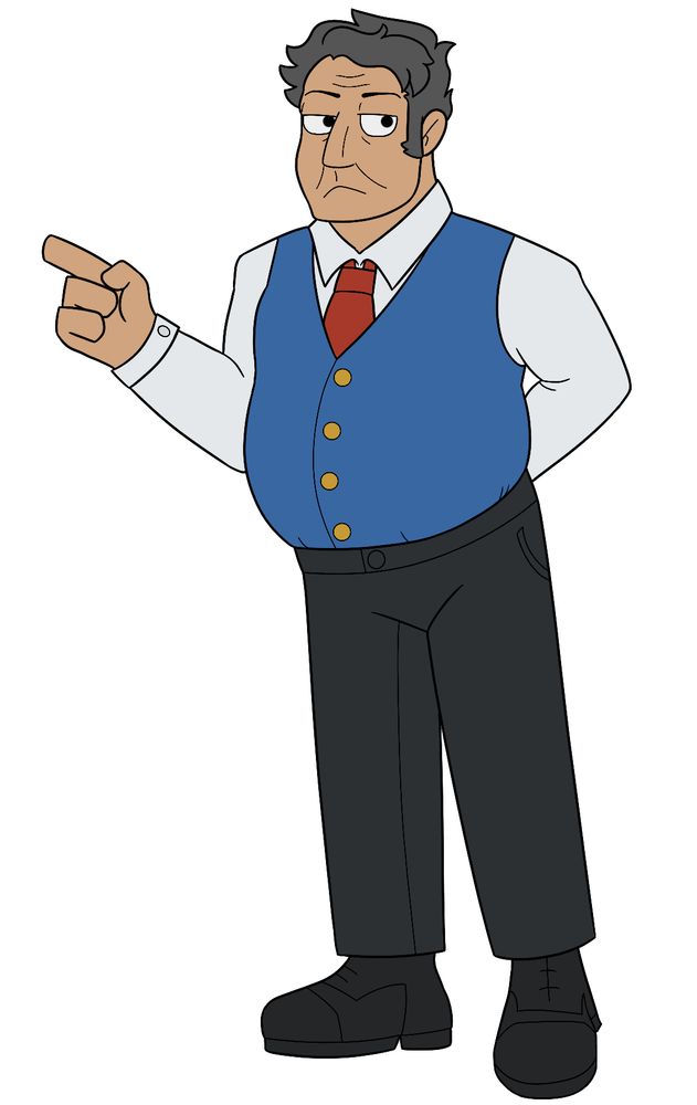 A human version of Gordon from Thomas the Tank Engine. He has grey hair, is wearing a red tie and blue vest. He has a bit of a pot belly.