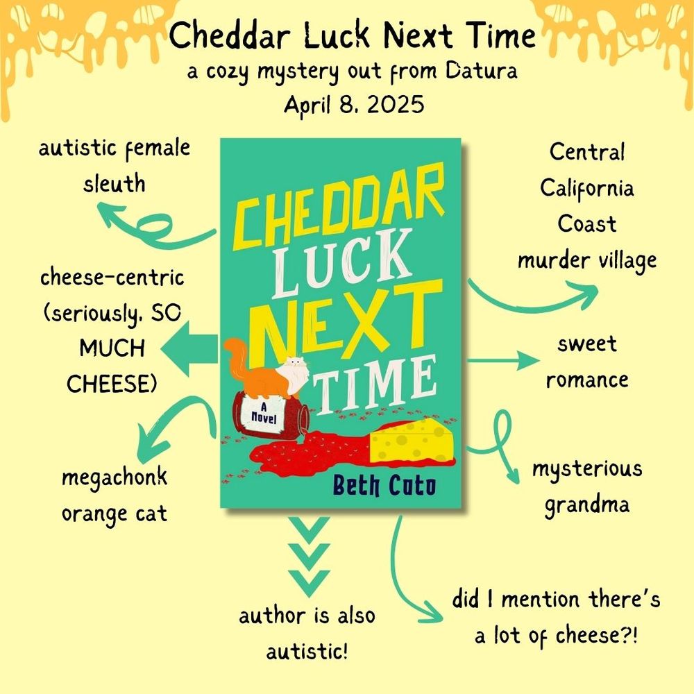 A book cover and arrows-style meme graphic describing Cheddar Luck Next Time, citing it came out April 8, 2025, and includes an autistic female sleuth, is cheese-centric, has a megachonk orange cat, a Central California Coast murder village, a sweet romance, a mysterious grandma, the author is also autistic, and yes, there is a LOT of cheese.

