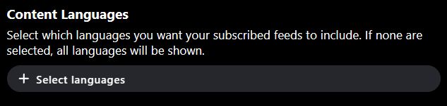 Screen shot of the Content Languages section from the Language Settings page in the Bluesky app