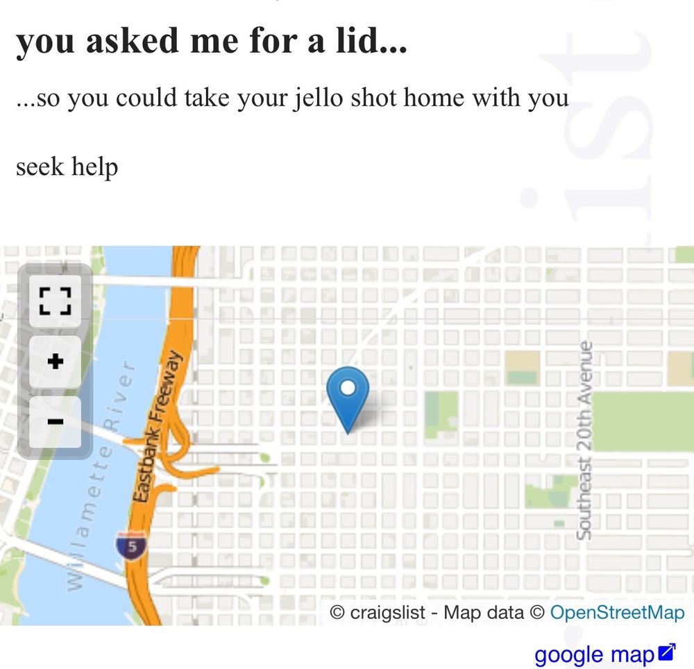Missed connection:


you asked me for a lid...

...so you could take your jello shot home with you
seek help

