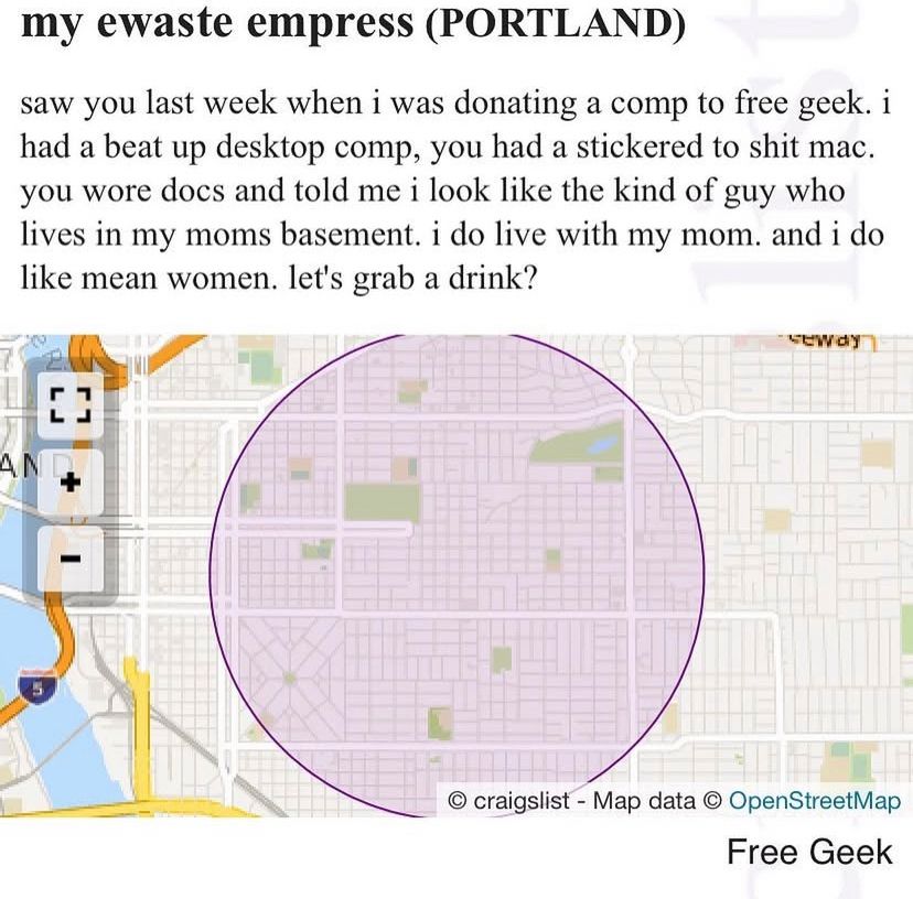 Missed connection:

my ewaste empress (PORTLAND)
saw you last week when i was donating a comp to free geek. i had a beat up desktop comp, you had a stickered to shit mac. you wore docs and told me i look like the kind of guy who lives in my moms basement. i do live with my mom. and i do like mean women. let's grab a drink?