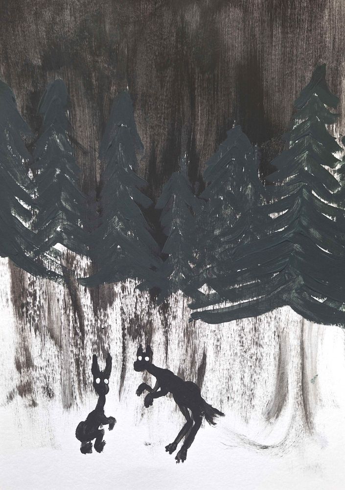 A messily painted forest, with dark green pine trees, a black sky and pire whiteness below the tree crowns. Underneath the trees, two twisted black outlines of animals stand on hind legs, with pure white eyes staring back. It's a rabbit with an elongated neck, and a dog with every part of it's body being streched