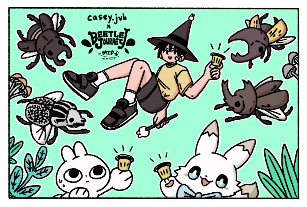 An illustration of a wizard, a rabbit and a white fox with jelly cups surrounded by beetles.