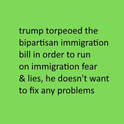 trump torpeoed the bipartisan immigration bill in order to run on immigrant fear & lies, he doesn't want to fix any problems.