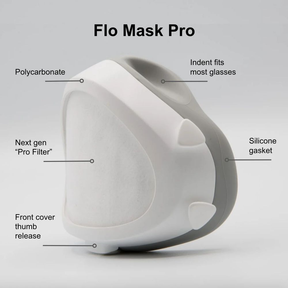 This is an image of a "Flo Mask Pro". It labels all the parts "Polycarbonate," Nest gen "Pro Filter," Front cover thumb release, Indent fits most glasses, and Silicone gasket. 