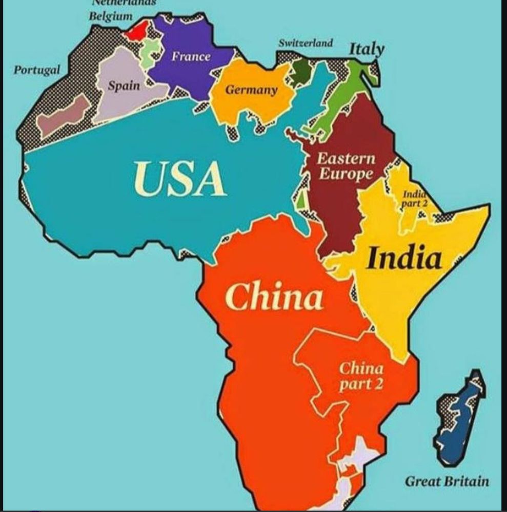 Outline of the African continent  showing that the U.S., China, India, France, Spain, Portugal, Belgium, Germany, Italy, Eastern Europe, Switzerland and Great Britain would all fit inside.