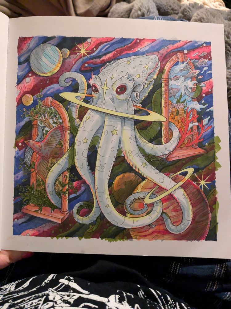 Coloring book page of a galactic octopus floating through space, with portals to land and sea in the background.