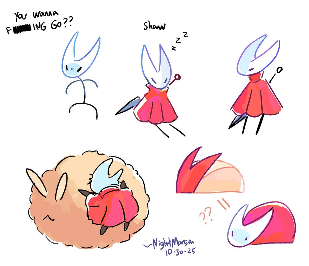 various shitty doodles of hornet hollow knight silksong, including ones where she is naked, or hugging a giant flea, or when she is loafing in a shape that looks like apple slice rabbits