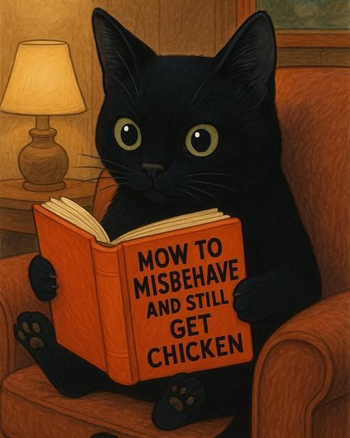Black cat in an armchair reading a book titled "Mow to misbehave and still get chicken."