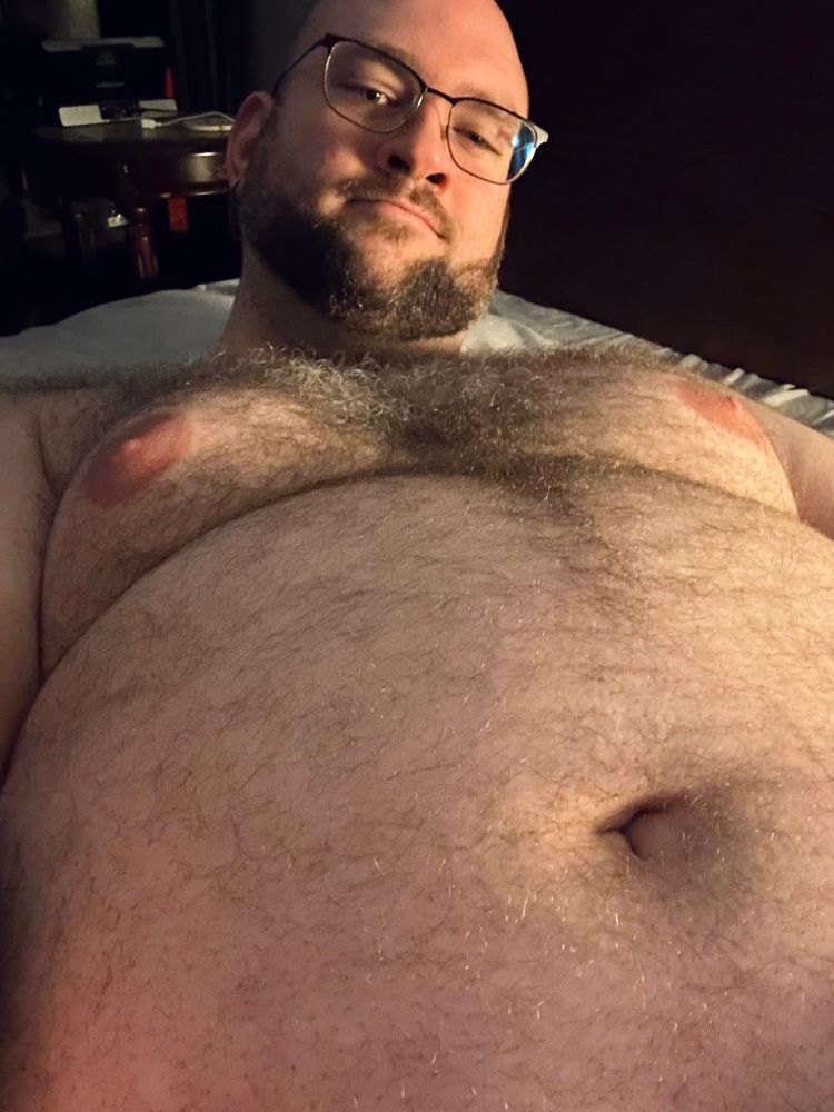 Belly pic from below, featuring my face and hairy chest