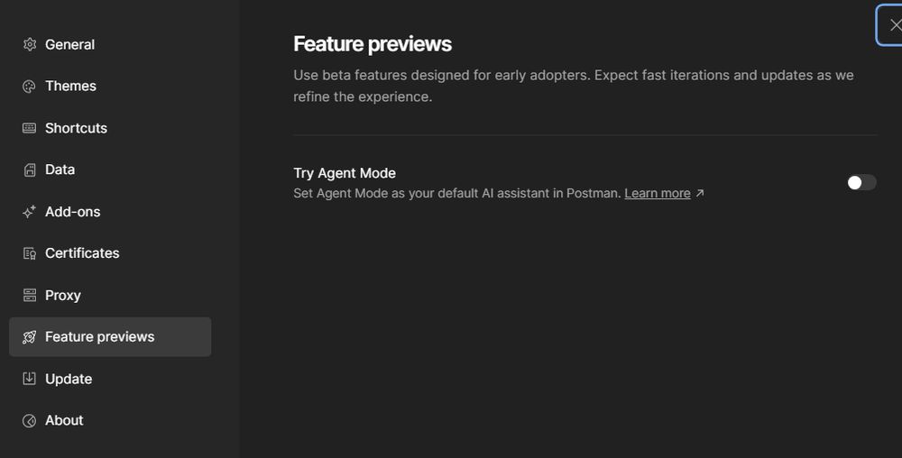screenshot of postman setttings. Go to settings -> Feature previews -> toggle off "try agent mode"
