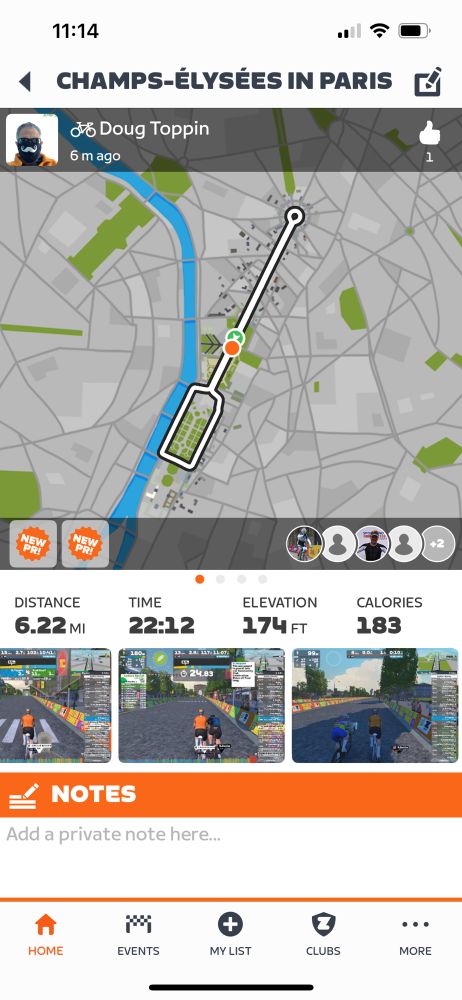 Screen shot of a Zwift ride on the Champs-Élysées with results data.