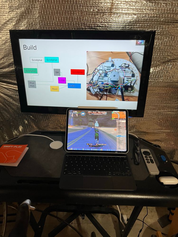 Image including a Zwift virtual cycling ride on an iPad and a tv with a Raspberry Pi diagram of a stock tracker hardware project