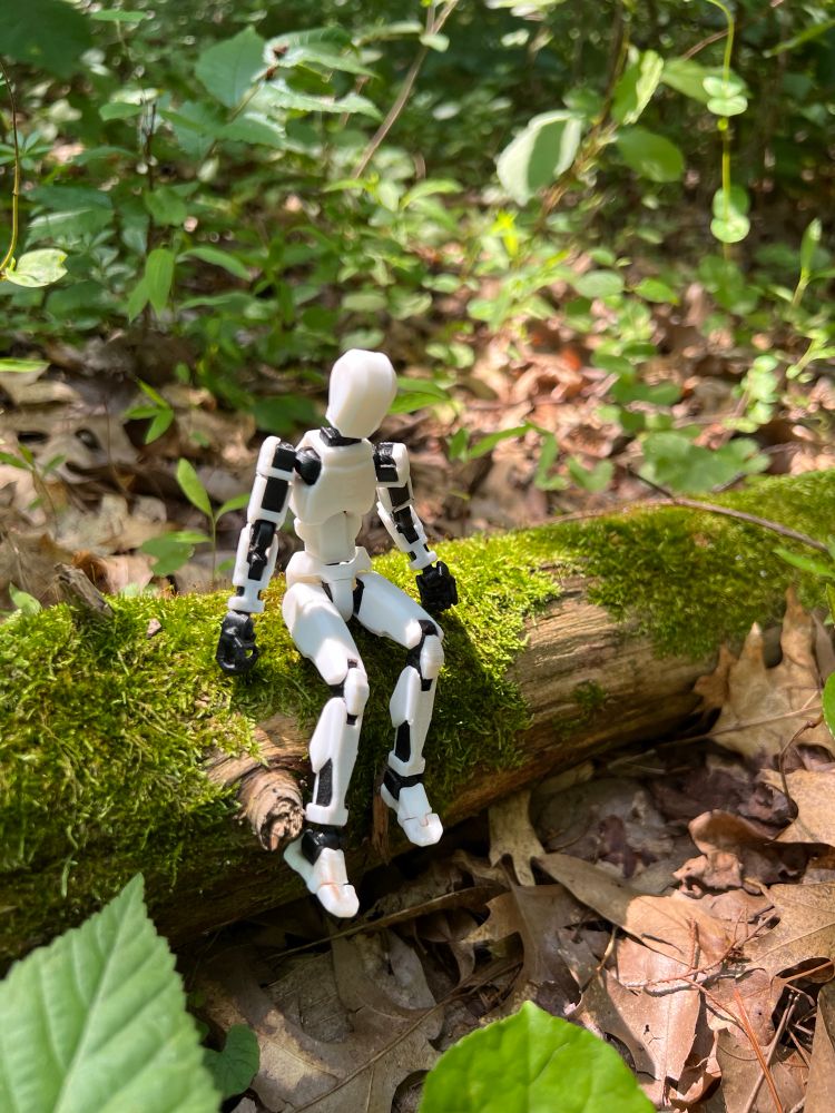 dummy 13 robot sitting on a mossy fallen tree